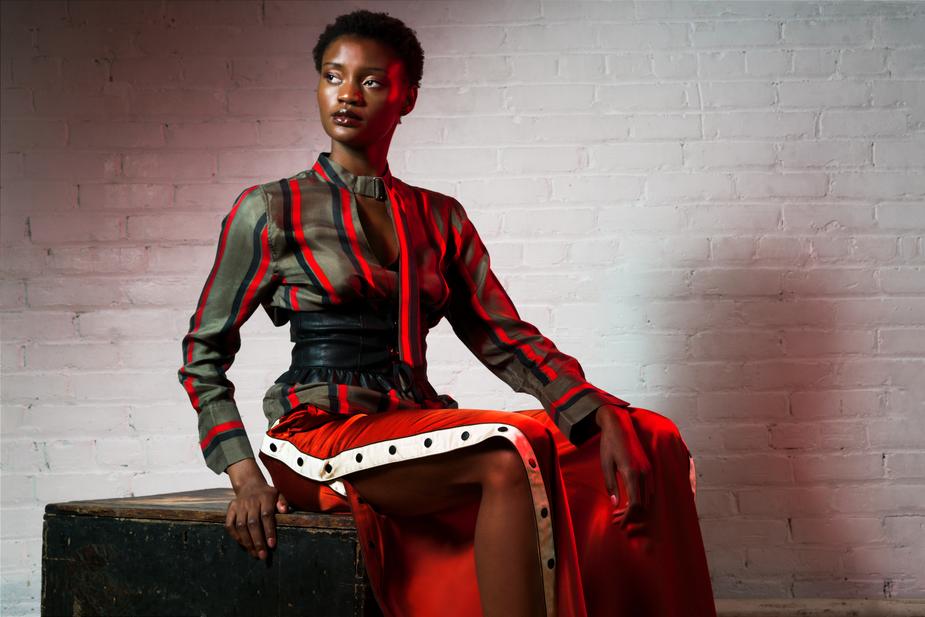 Striped Silk Blouse, buckle collar and matching button pants.